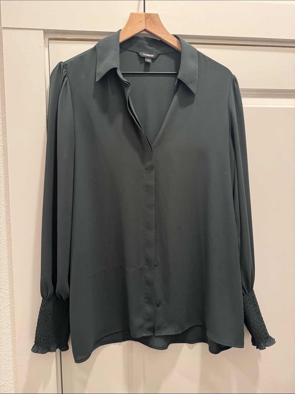 Express Women's Dark Forest Green Button-Front Blouse